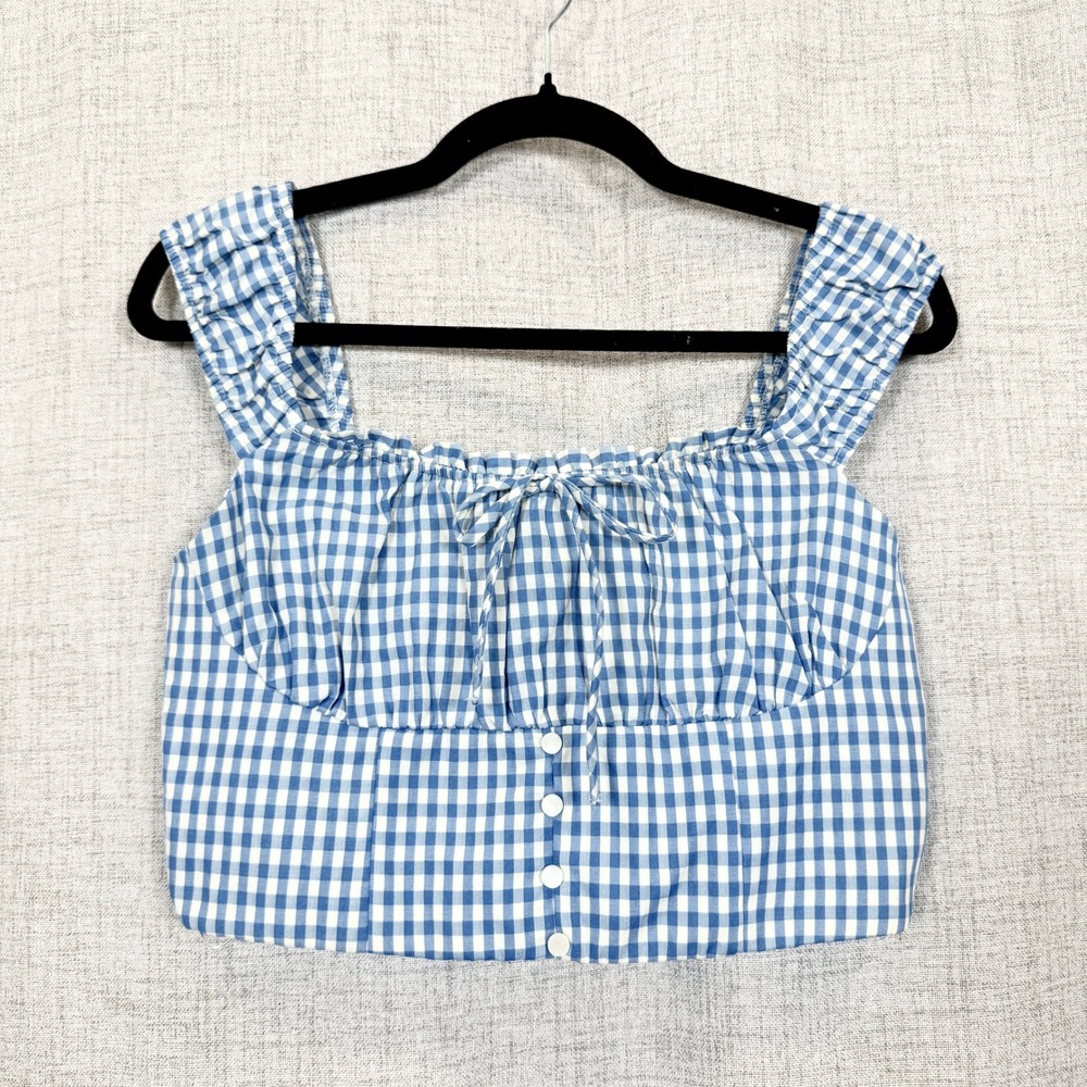 Monteau Gingham Smocked Crop Top Sz L Blue White Ruffle Cottagecore Coquette